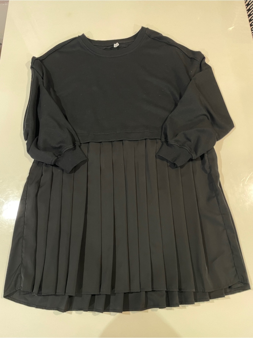 Black Pleated Sweatshirt Mini Dress - Women's